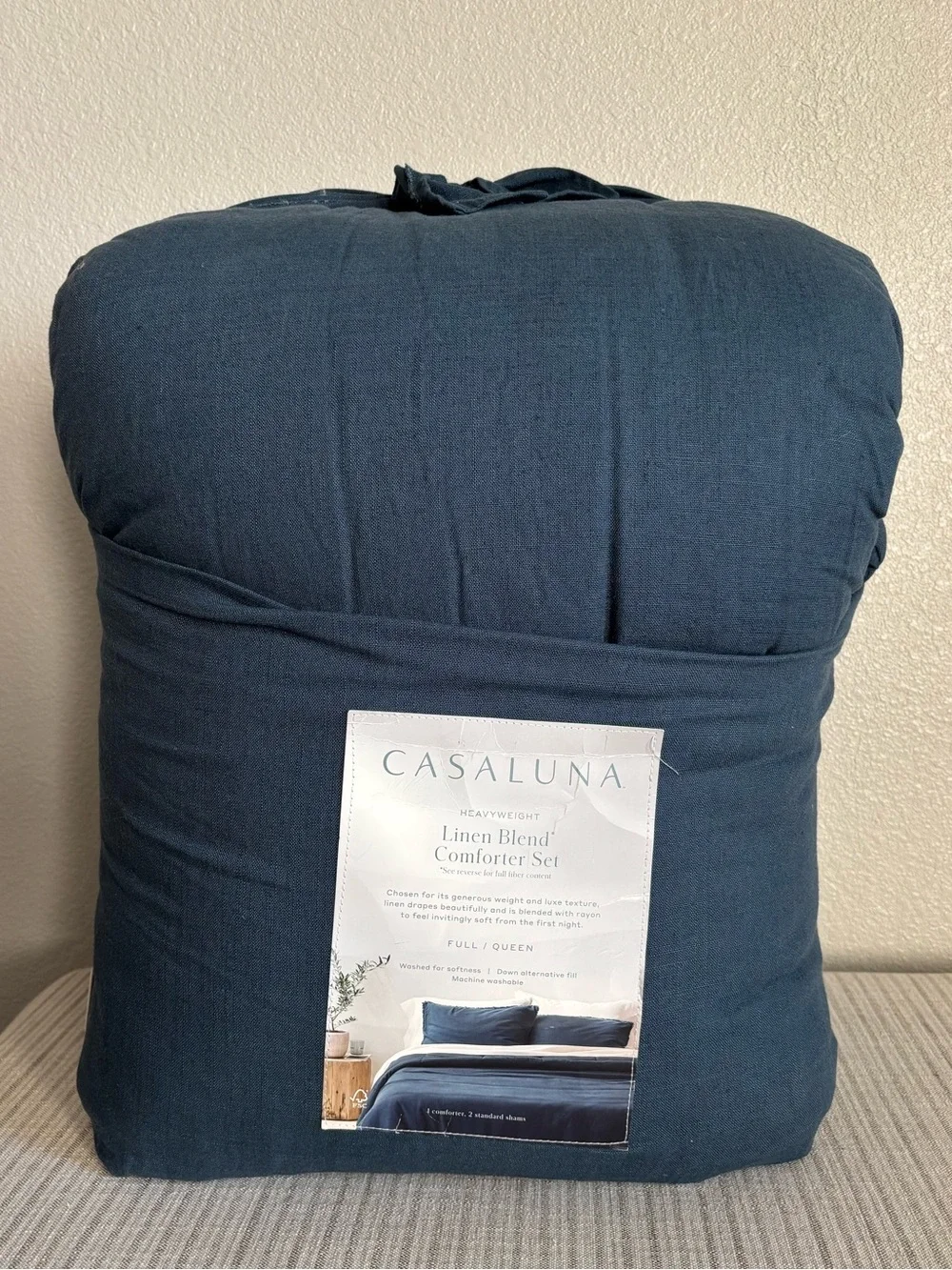 NWT Full/Queen Heavyweight Linen Blend Comforter and Sham Set Dark Mineral Blue